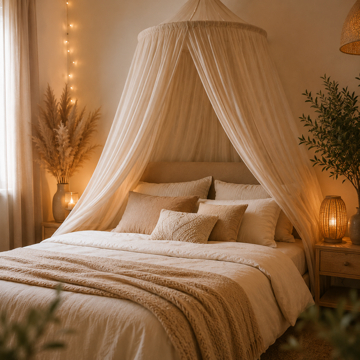 chambre cocooning avec ciel de lit beige lumière chaude textiles doux et décoration chaleureuse élégante