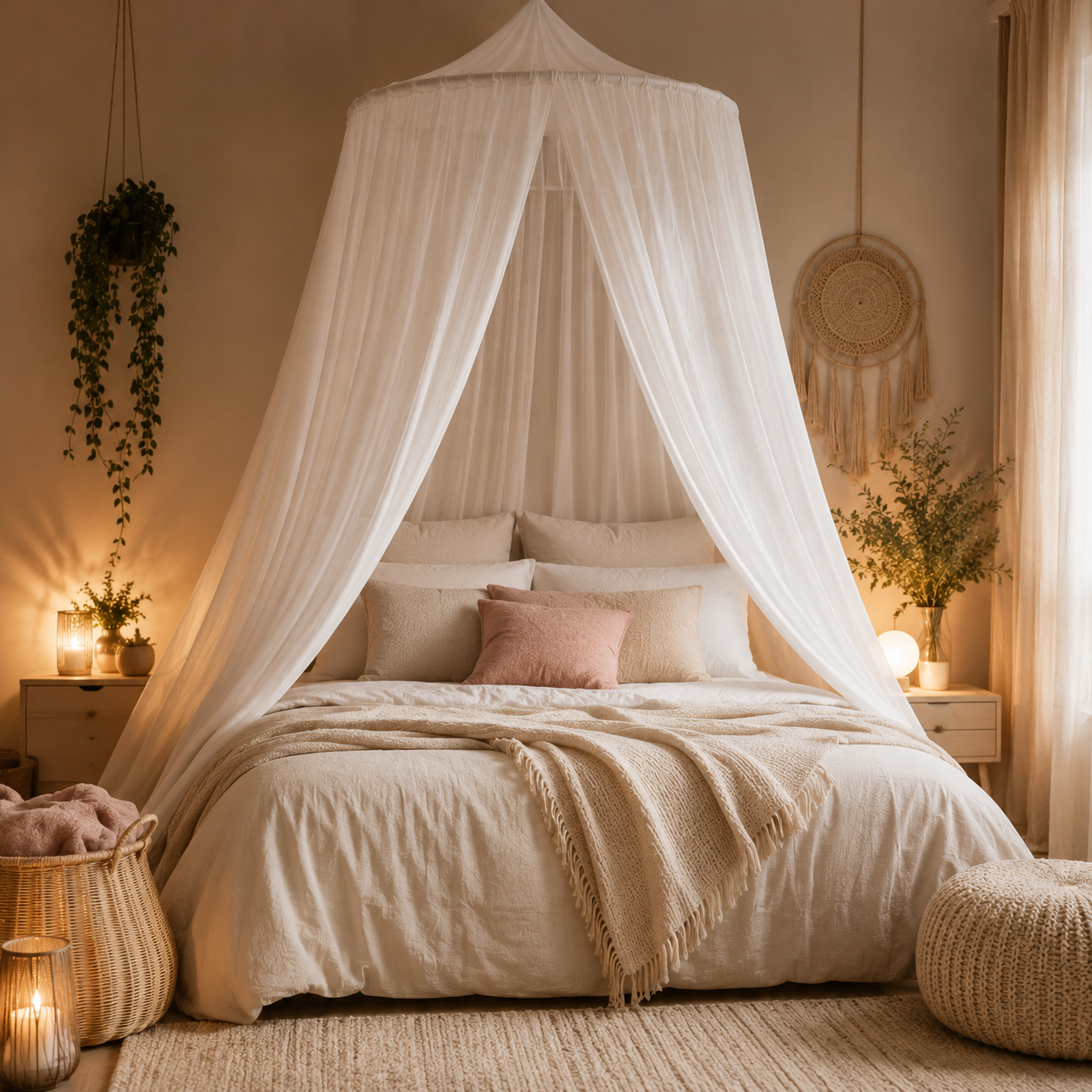 Chambre cocooning chaleureuse avec ciel de lit blanc élégant et décoration apaisante