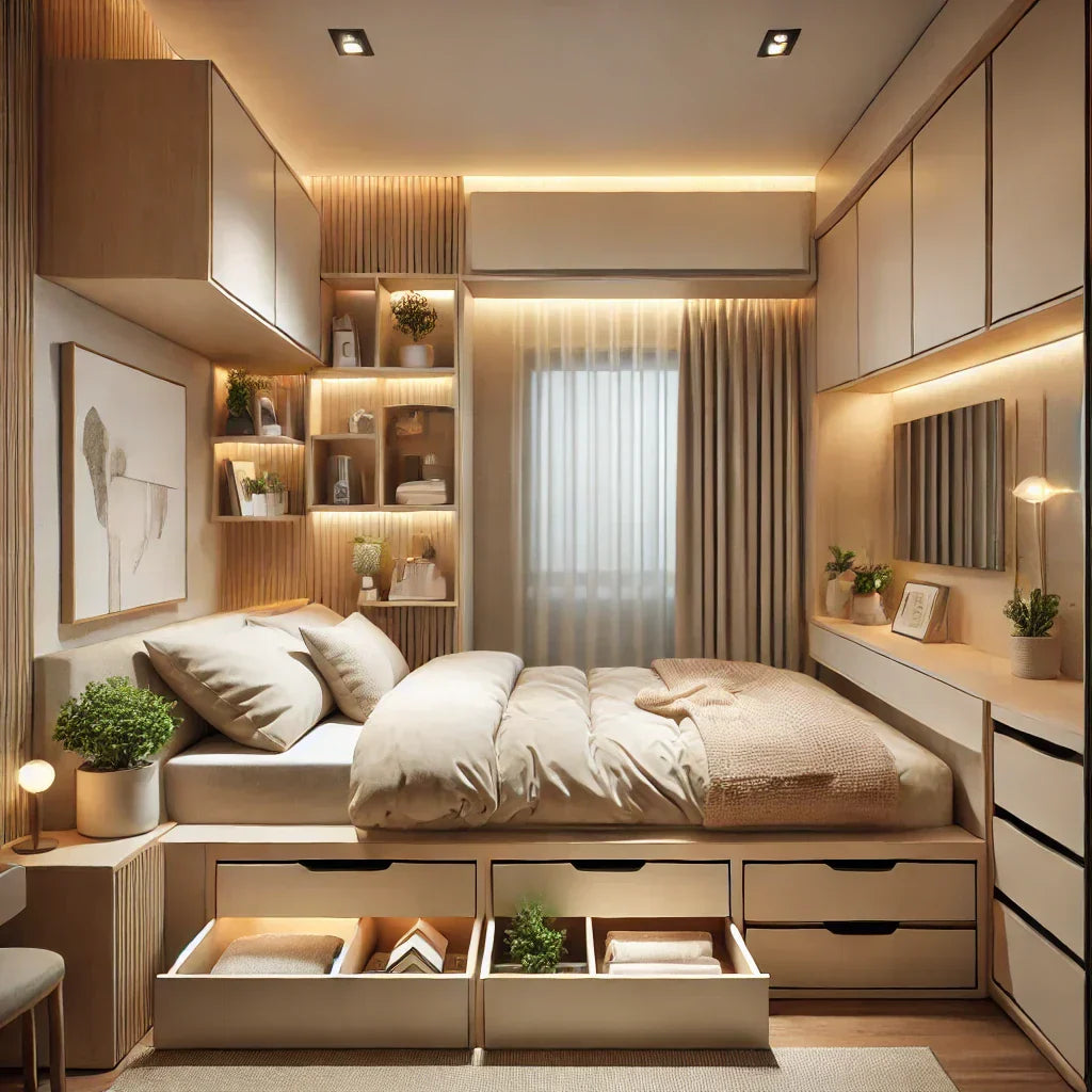 Petite chambre moderne optimisée avec meubles gain de place, lit avec rangements intégrés, étagères murales et décoration minimaliste dans des tons neutres.