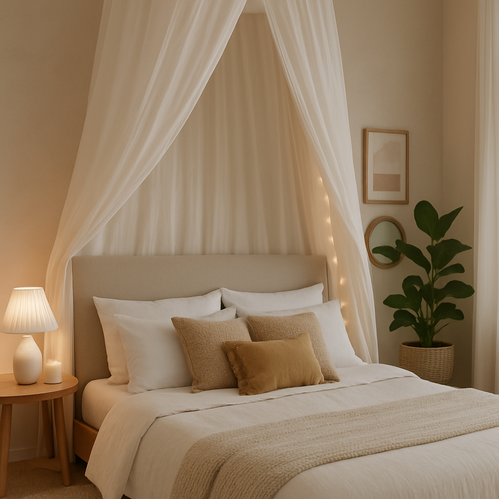 Vignette déco chambre cosy avec voilage, plantes et lumière tamisée