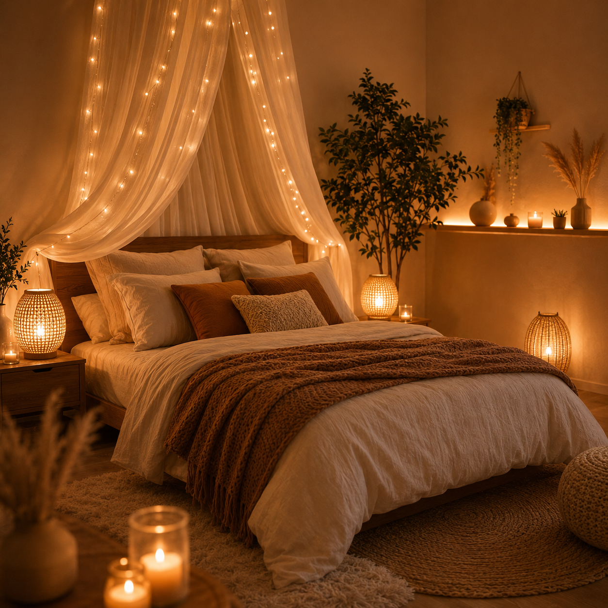 chambre cocooning avec ciel de lit guirlandes lumineuses lumière chaude et ambiance cosy relaxante