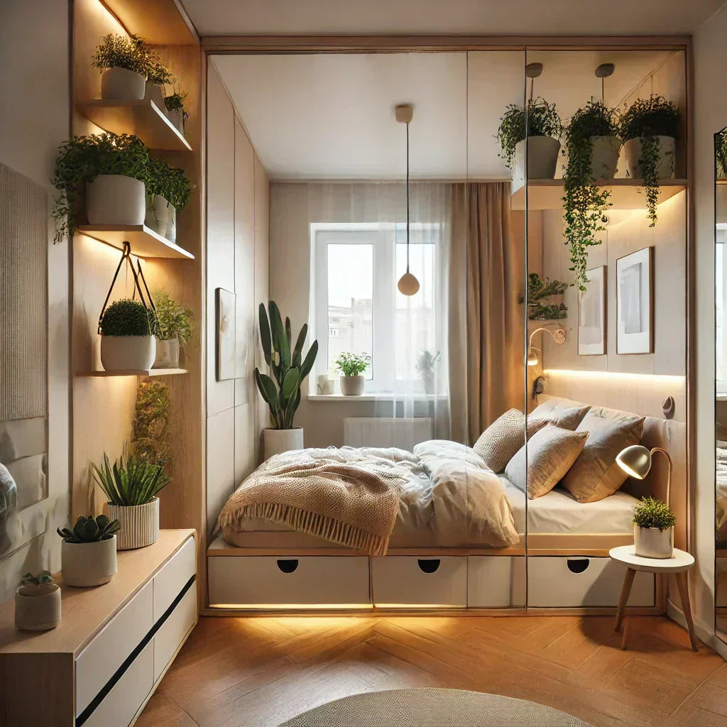 Aménagement d'une petite chambre cosy avec rangement intelligent, miroir et plantes suspendues pour optimiser l'espace et la luminosité.