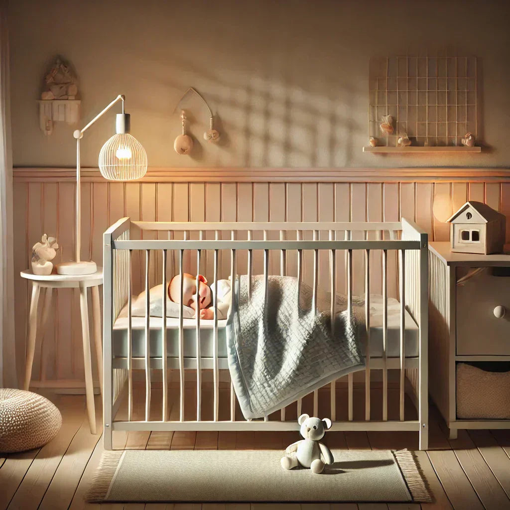 Bébé dormant paisiblement seul dans sa propre chambre, illustrant la transition vers le sommeil indépendant dans un environnement sécurisé et rassurant.