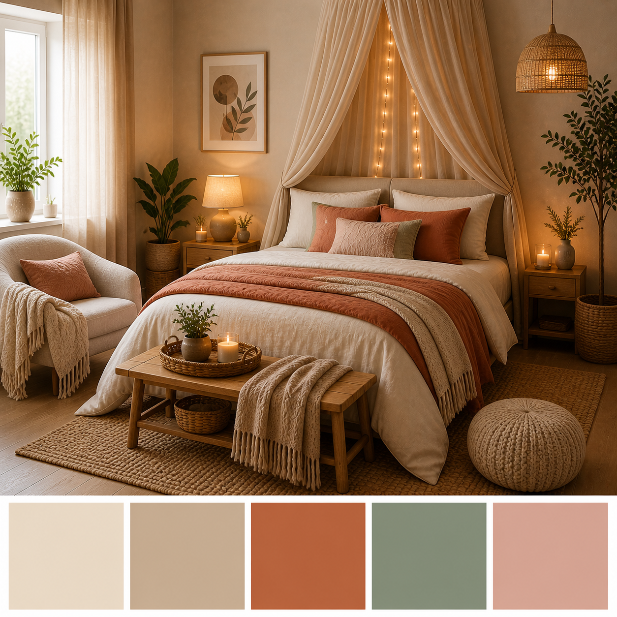Chambre cocooning couleurs douces beige terracotta ciel de lit ambiance chaleureuse décoration naturelle