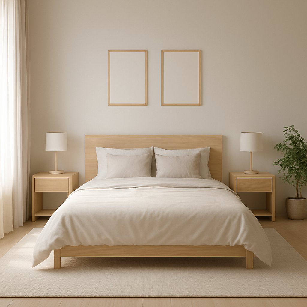 Vignette d’une chambre minimaliste avec lit double bien positionné, mobilier en bois clair et lumière naturelle douce, idéale pour illustrer un article sur l’aménagement de la chambre.