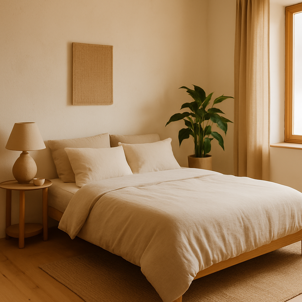 chambre carrée minimaliste avec lit en lin, plante verte et lumière naturelle pour ambiance zen
