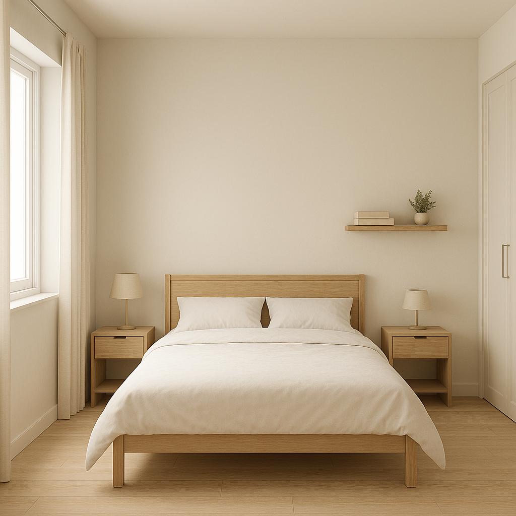 Chambre carrée lumineuse avec lit bois clair et éléments décoratifs sobres