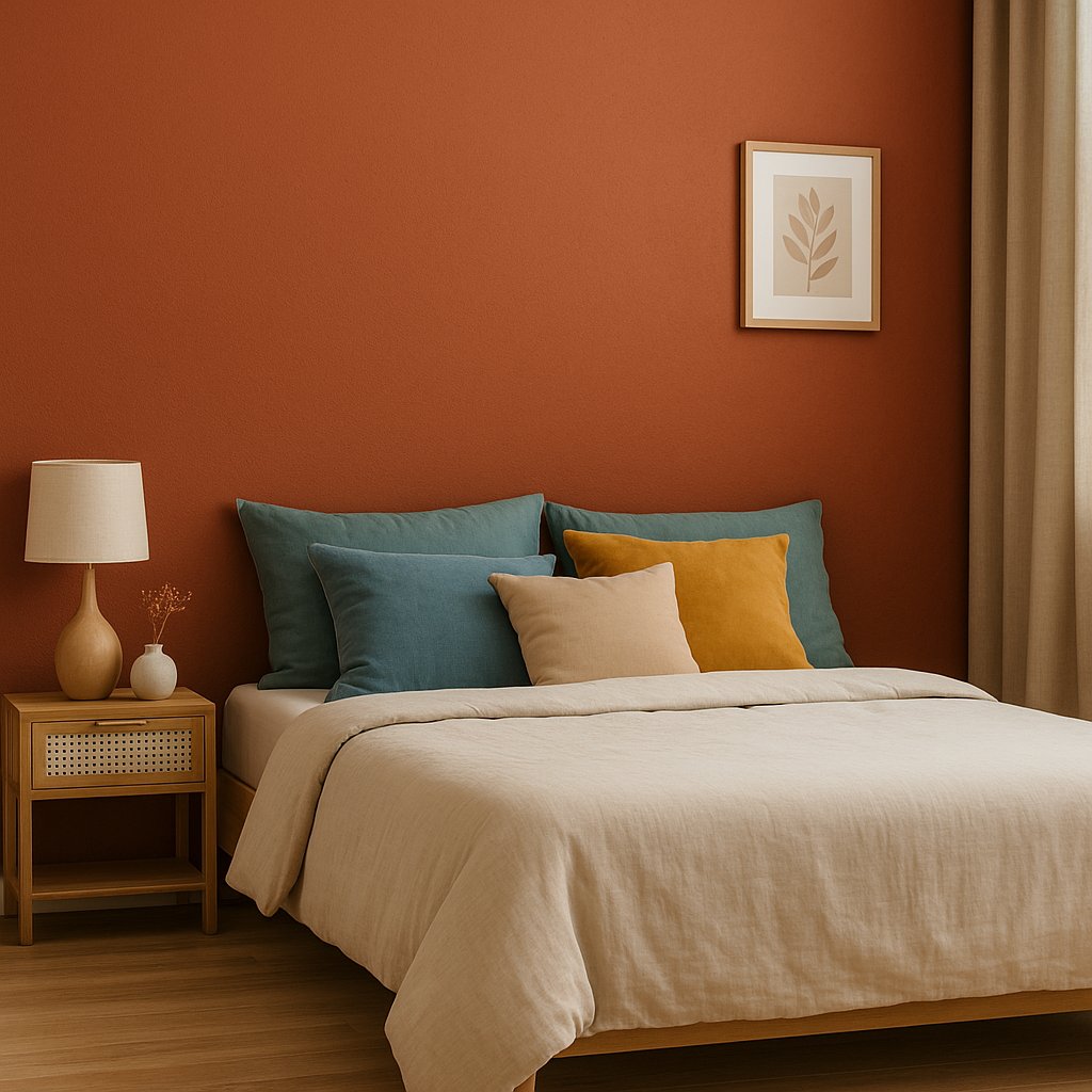 vignette chambre parentale mur terracotta, lit beige et coussins colorés bleu et moutarde