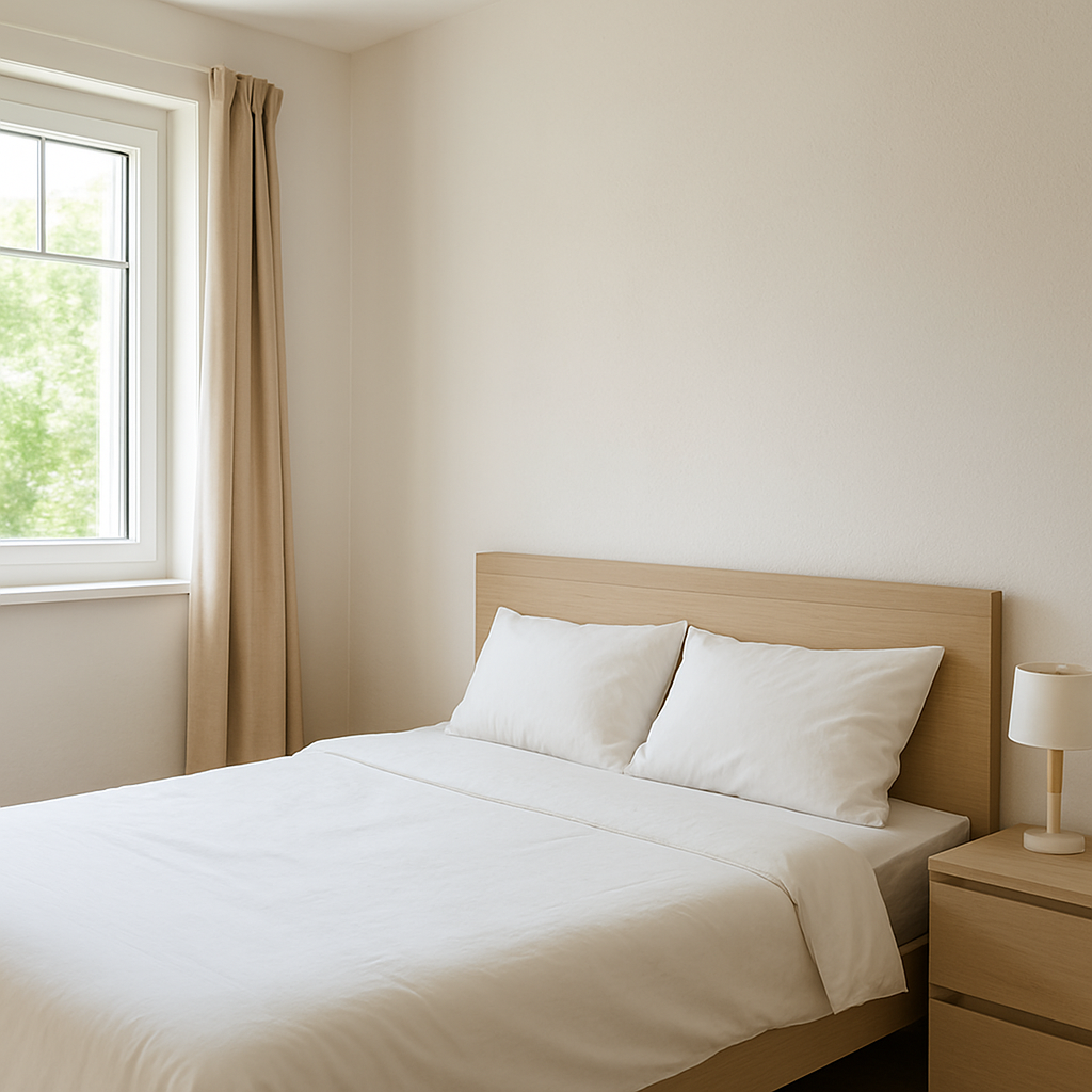 Chambre lumineuse et propre avec lit en bois et fenêtre ouverte