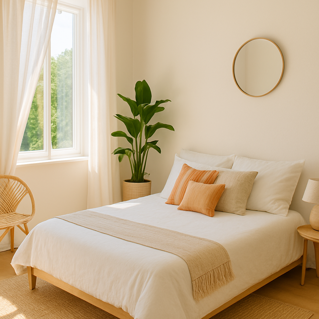 Chambre lumineuse style scandinave avec textiles naturels et plantes vertes