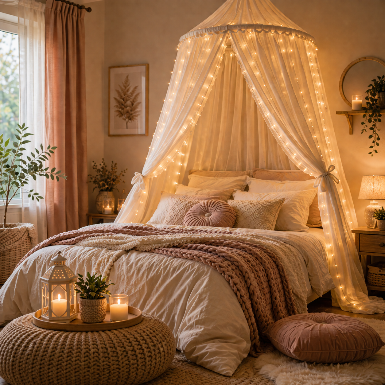 Ciel de lit chambre cocooning décoration douce guirlande lumineuse ambiance chaleureuse