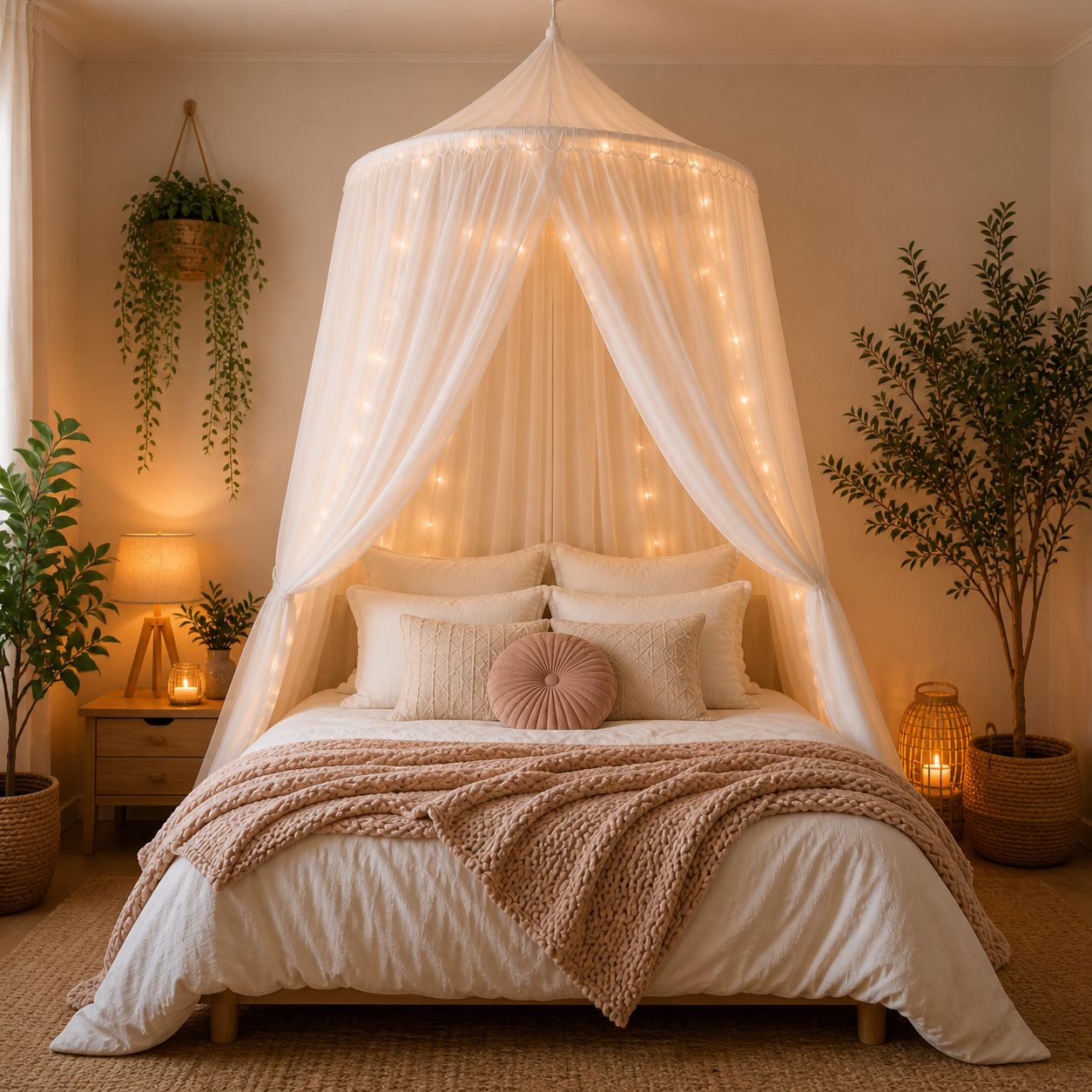 Ciel de lit chambre cocooning décoration douce ambiance chaleureuse guirlande lumineuse lit élégant
