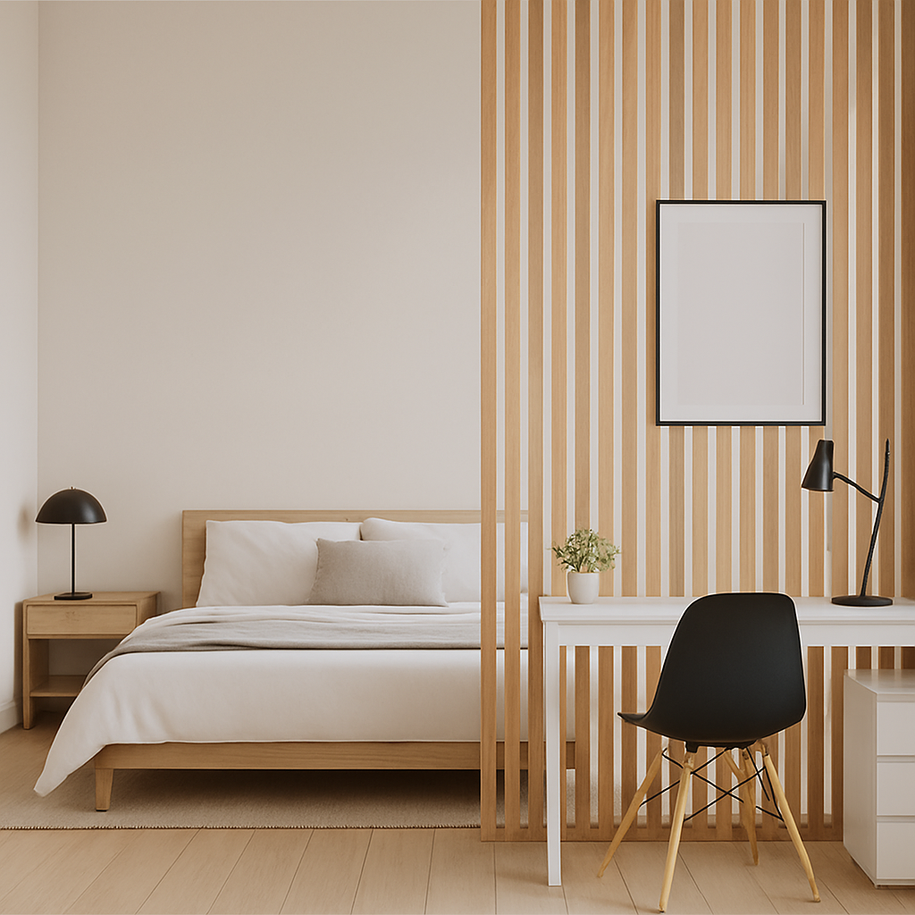 Séparation design d’une chambre en coin nuit et espace de travail moderne.