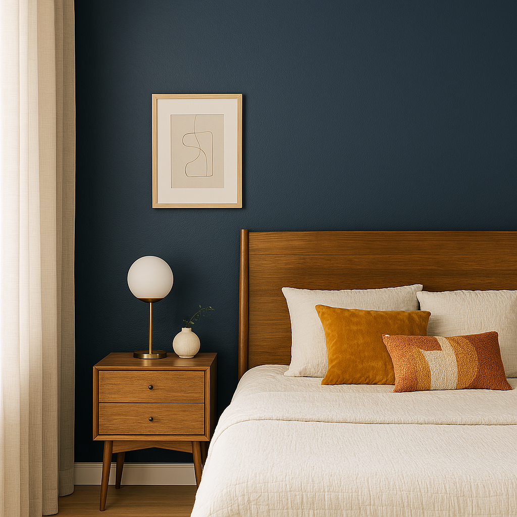 Vignette illustrant une chambre moderne avec mur bleu foncé et déco chaleureuse