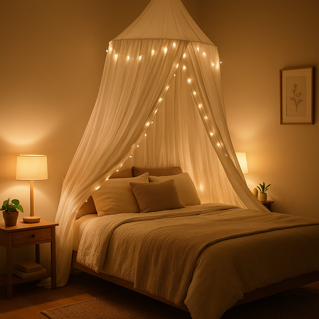 chambre cosy en format carré avec ciel de lit et lumière chaleureuse