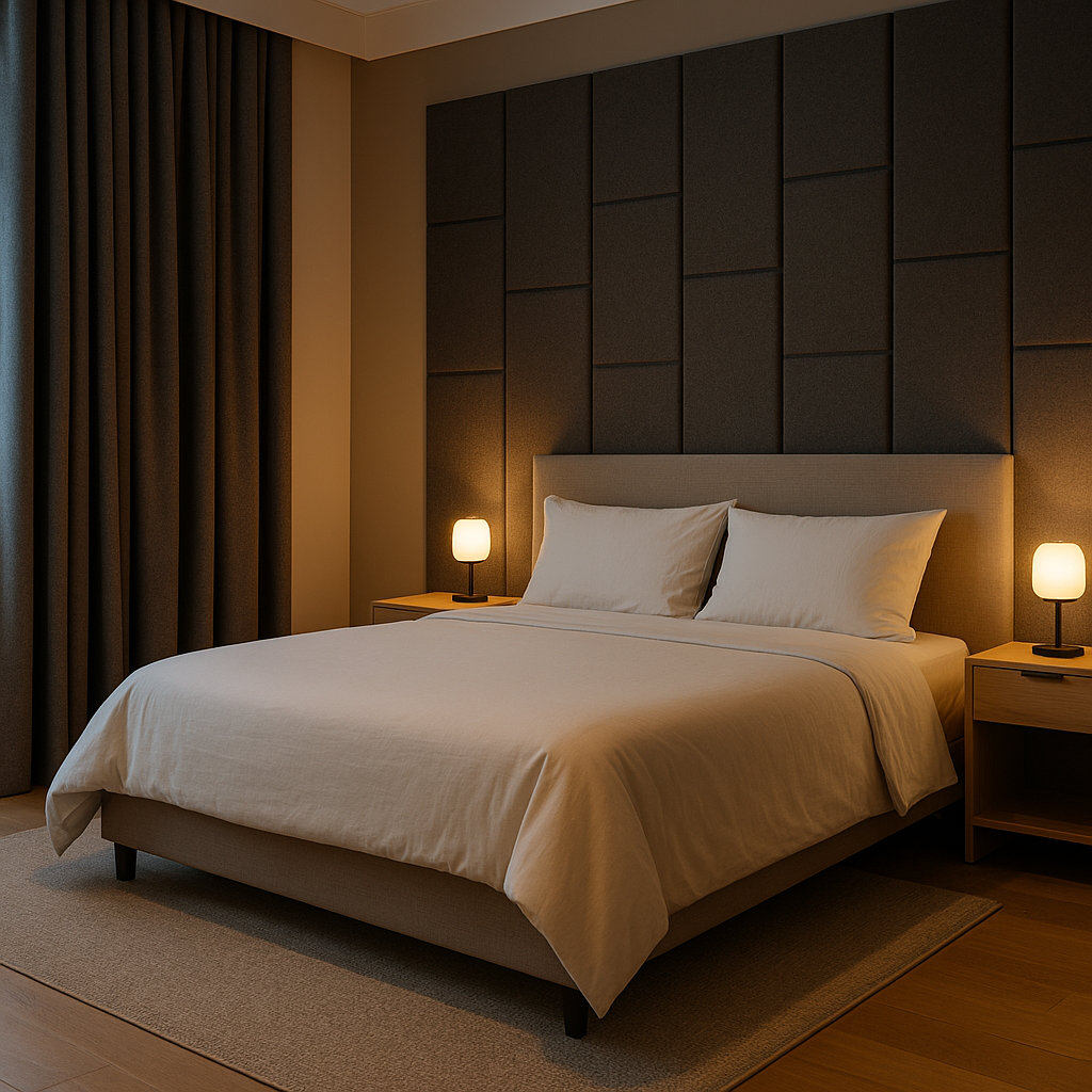 Vignette d’une chambre apaisante et insonorisée pour illustrer un article sur l’isolation acoustique et le confort du sommeil
