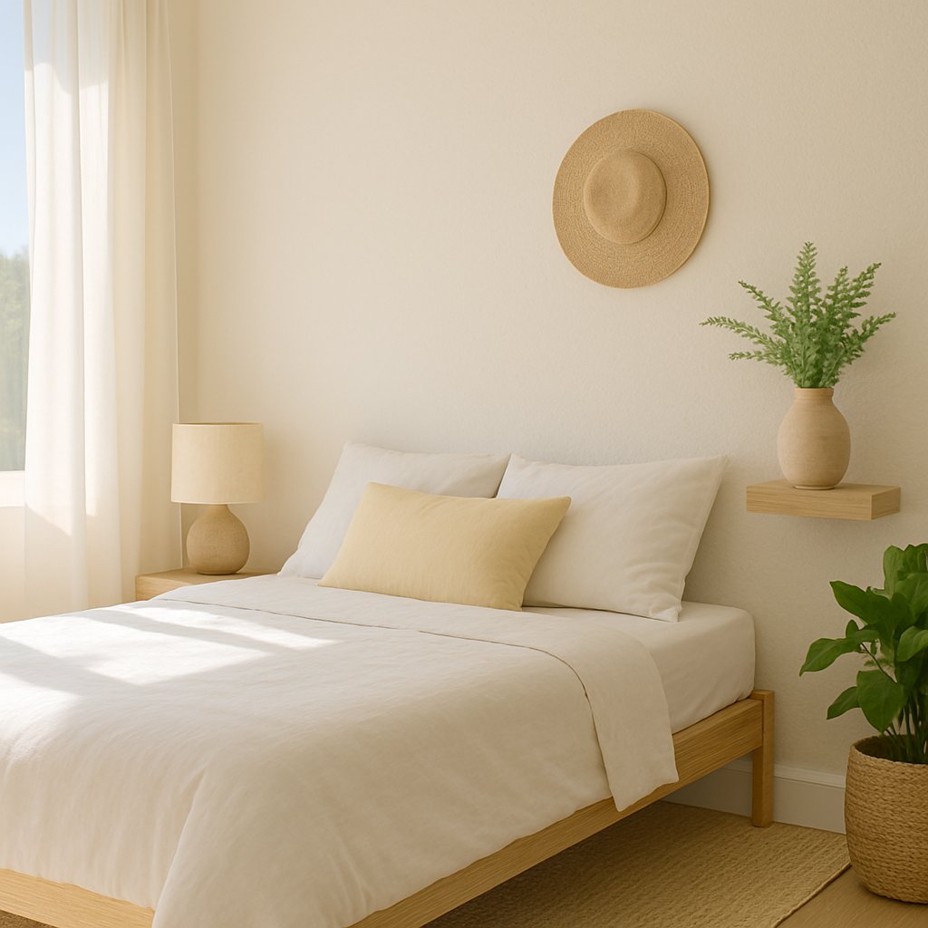 Chambre moderne et épurée au style naturel, avec linge de lit léger, rideaux clairs et plantes vertes, idéale pour une atmosphère calme et lumineuse.