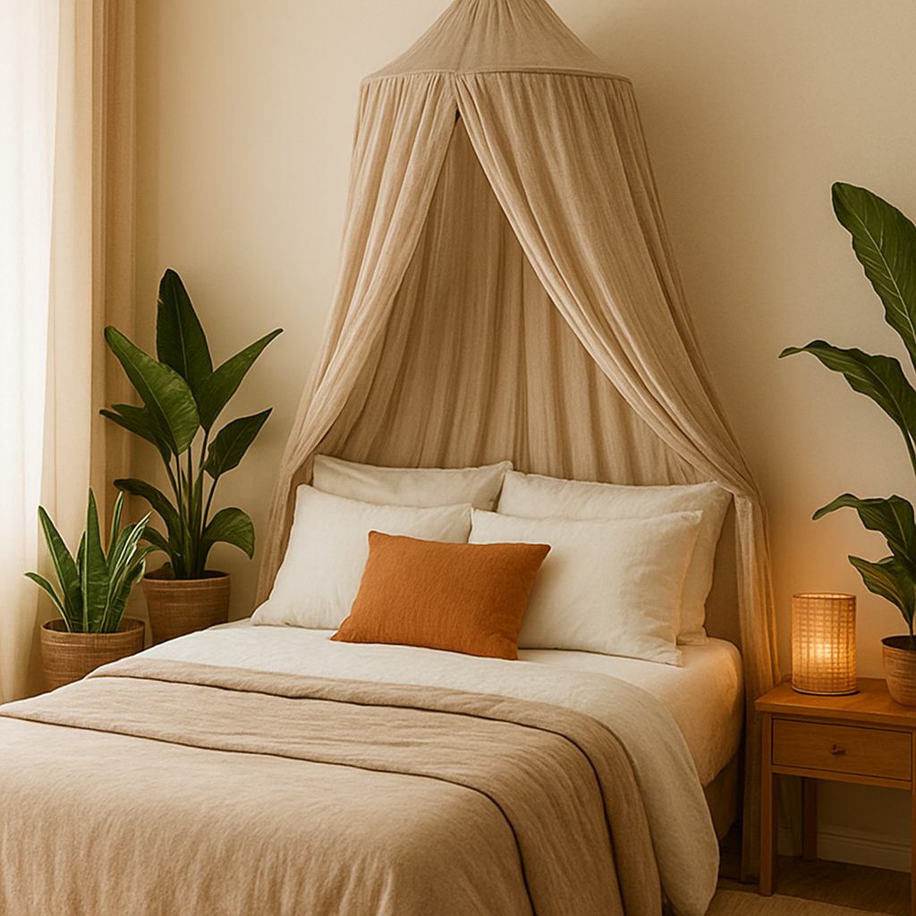 coin de lit naturel avec voilage beige et plantes vertes