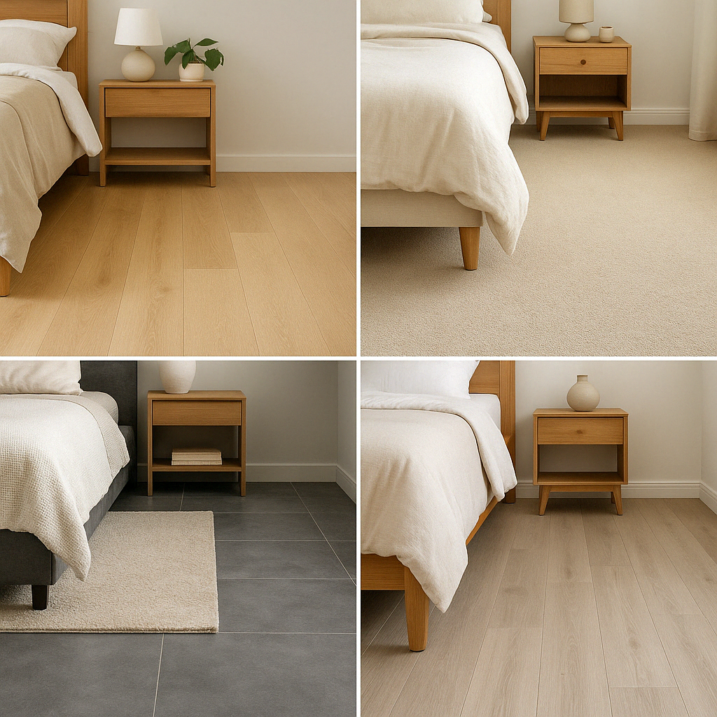 Collage de sols de chambre incluant parquet, moquette, vinyle et carrelage pour allier confort, style et praticité