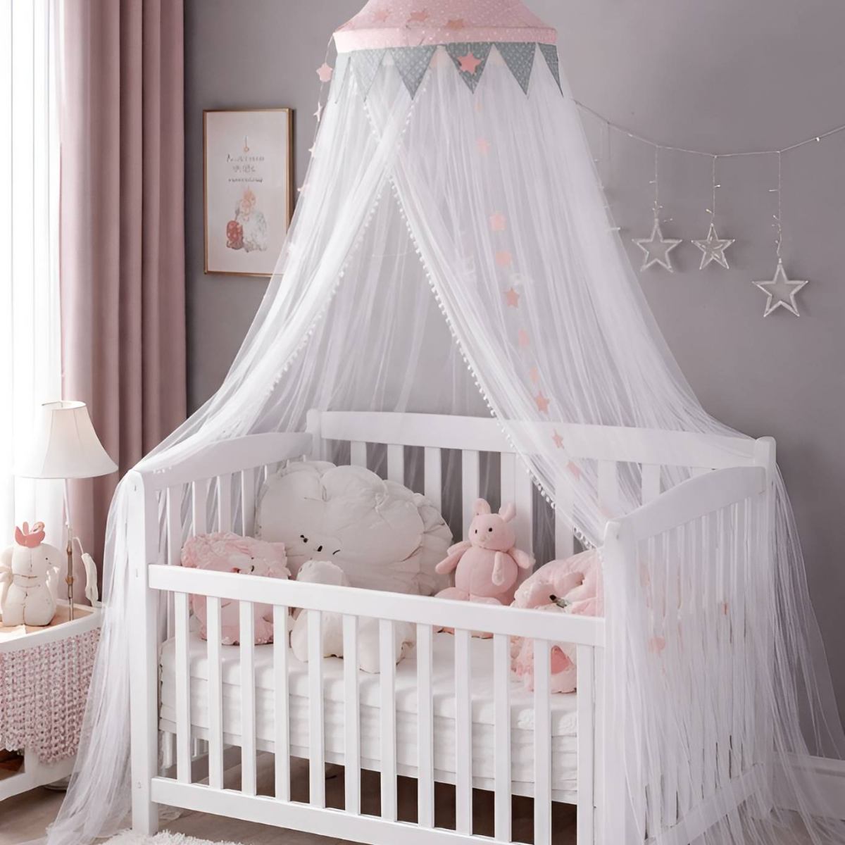 Ciel de Lit Bébé Blanc et Rose | Voile d’Étoiles